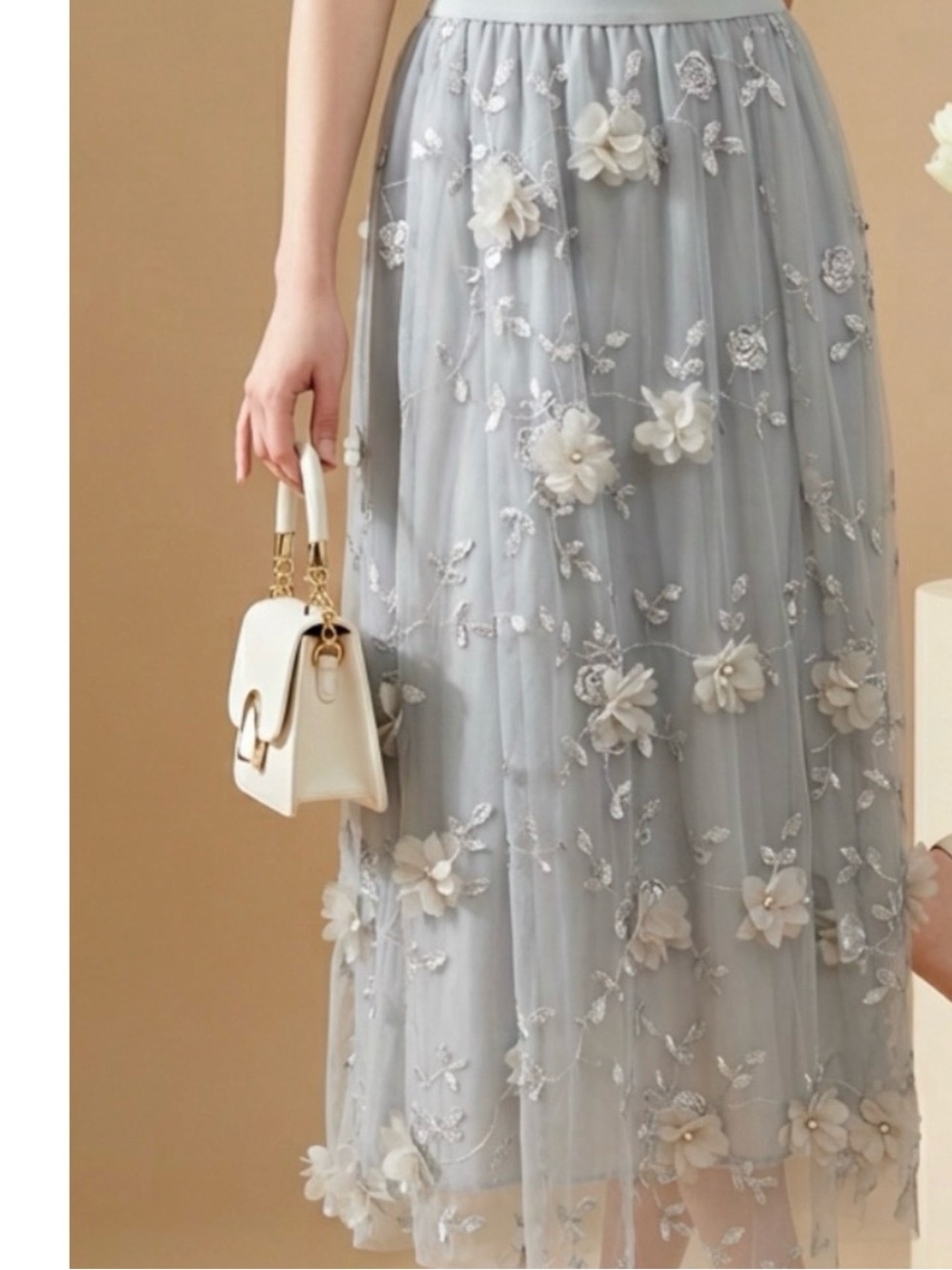 Elegant Light Gray Floral Embroidered Tulle Midi Skirt